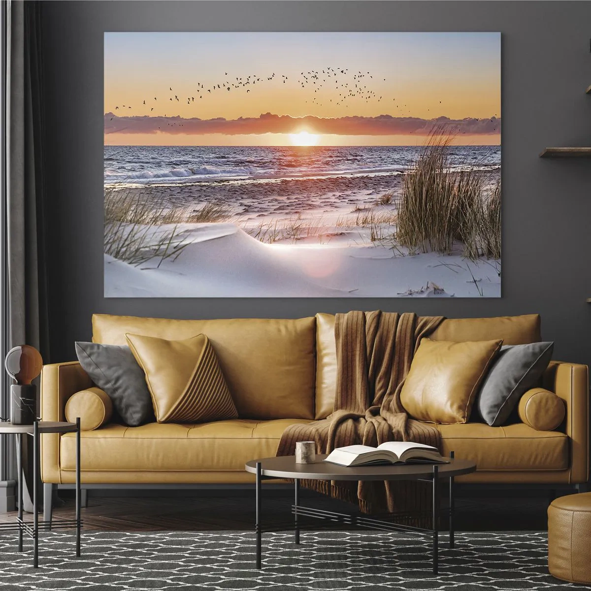 Impression sur verre - Image sur verre - Coucher de soleil sur la mer avec des oiseaux et des dunes de sable - 120x80cm - Paysage horizontal - Décoration murale moderne pour le salon et la chambre ARTTOR
