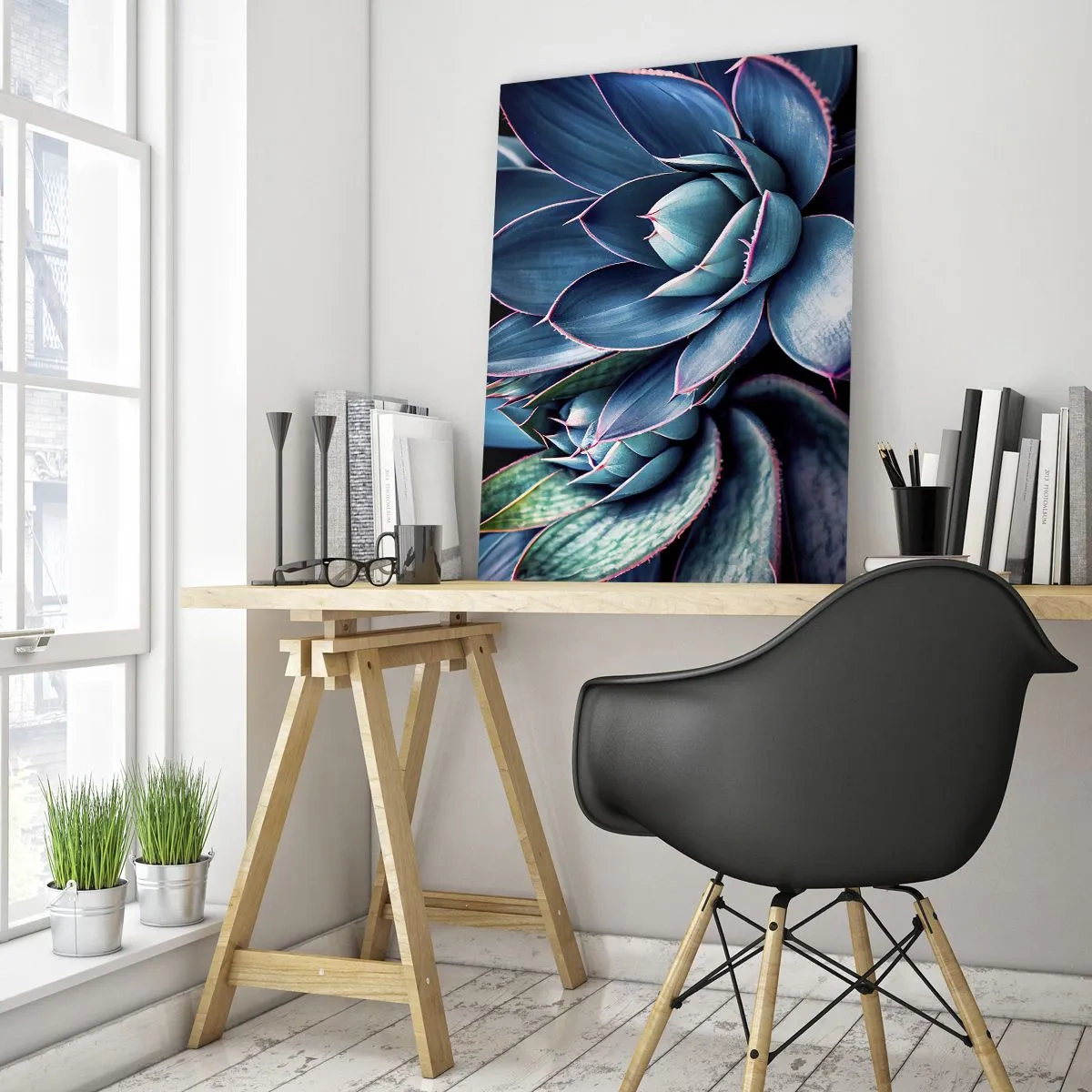 Impression sur verre - Image sur verre - Agave dans des tons de bleu et de vert avec des accents roses - 70x100cm - Force vital - Décoration murale moderne pour le salon et la chambre ARTTOR