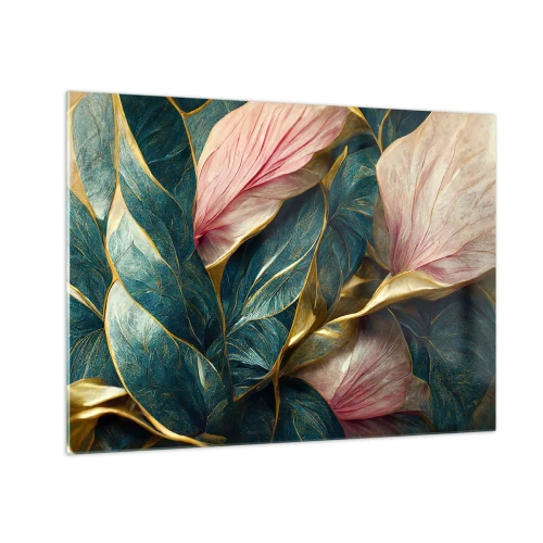 Impression sur verre - Image sur verre - Feuilles vertes et roses avec des accents dorés - 70x50cm - Élégance et style naturels - Décoration murale moderne pour le salon et la chambre ARTTOR