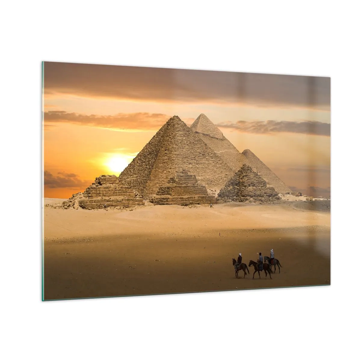 Impression sur verre - Image sur verre - Les pyramides de Gizeh au coucher du soleil avec des cavaliers à cheval - 100x70cm - Aucun changement depuis des milliers d'années - Décoration murale moderne pour le salon et la chambre ARTTOR
