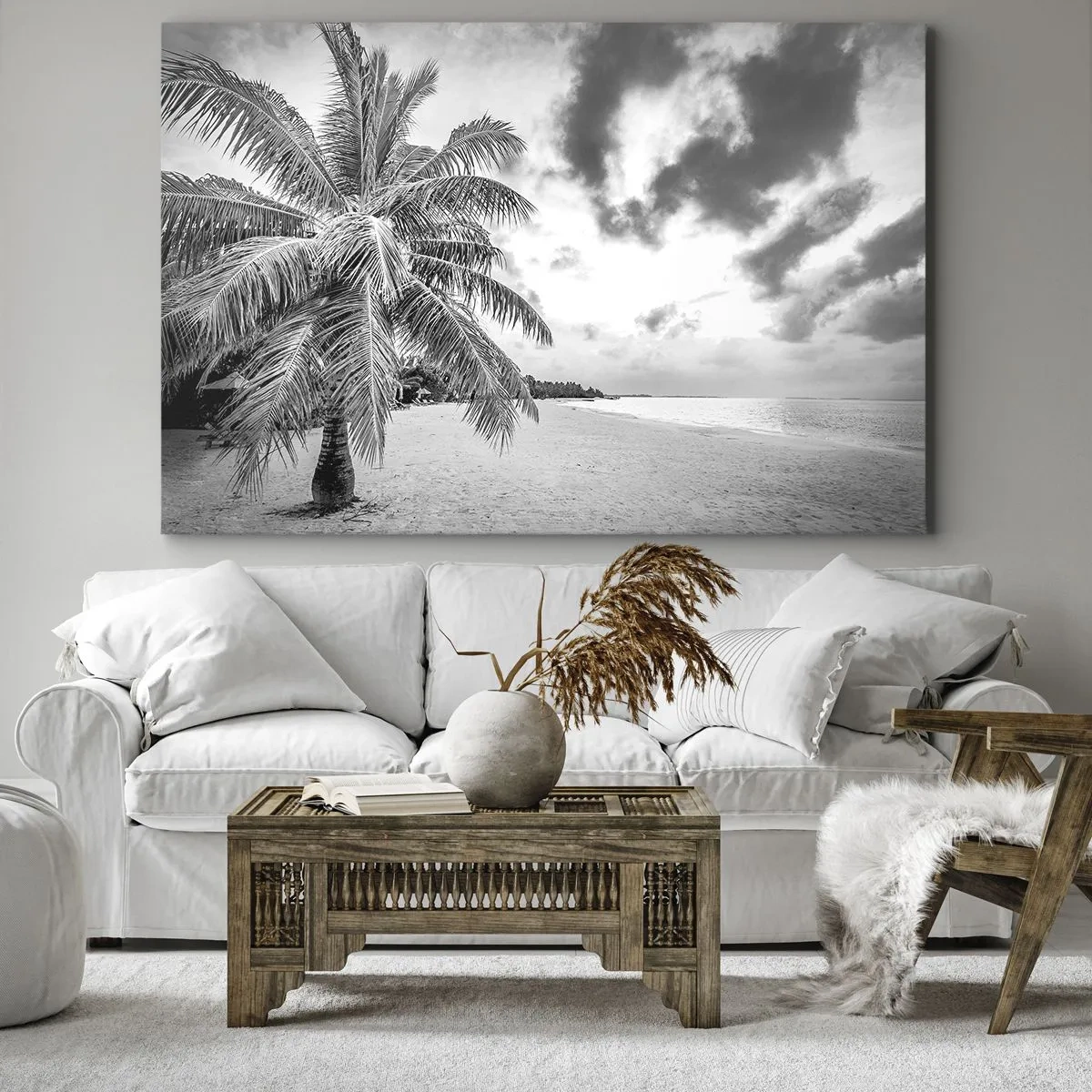 Impression sur toile - Image sur toile - Palmier noir et blanc sur une plage déserte avec des nuages - 70x50cm - Quand tu aspires à la solitude - Décoration murale moderne pour le salon et la chambre ARTTOR