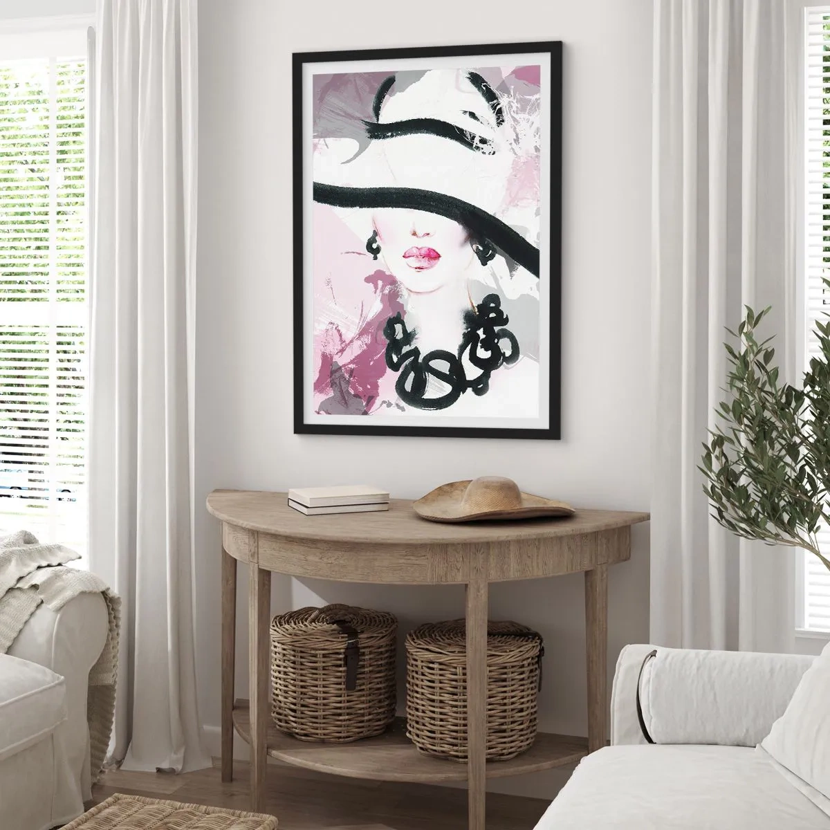Affiche dans un cadre noir - Poster - Une illustration élégante du visage d'une femme dans des tons de rose et de noir. - 50x70cm - Portrait d'une dame en noir et rose - Décoration murale moderne pour le salon et la chambre ARTTOR