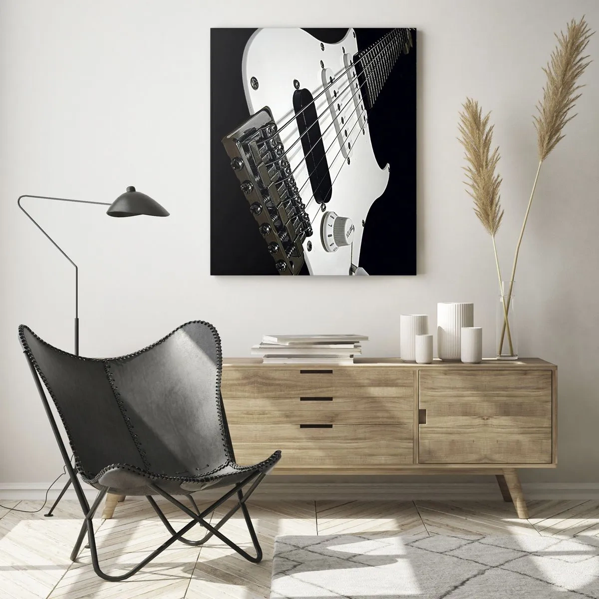 Impression sur verre - Image sur verre - Gros plan d'une guitare électrique blanche sur un fond sombre - 50x70cm - Son caché en blanc - Décoration murale moderne pour le salon et la chambre ARTTOR