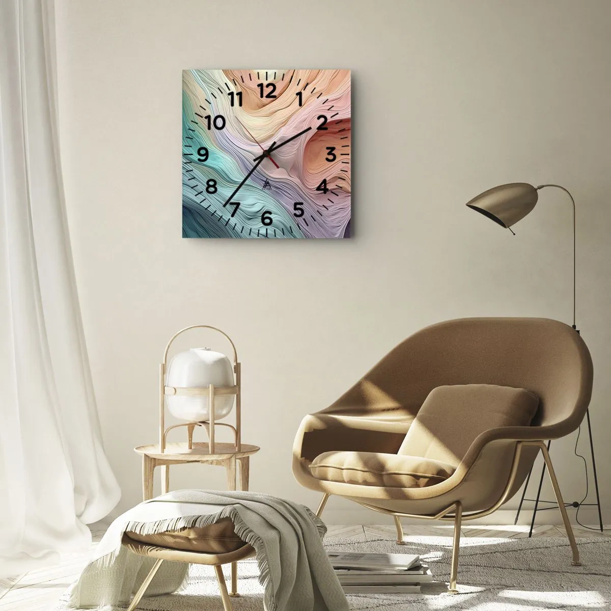 Horloge murale - Pendule murale - Vagues abstraites aux couleurs pastel et arc-en-ciel - 30x30cm - Vague arc-en-ciel - Décoration murale moderne pour le salon et la chambre ARTTOR