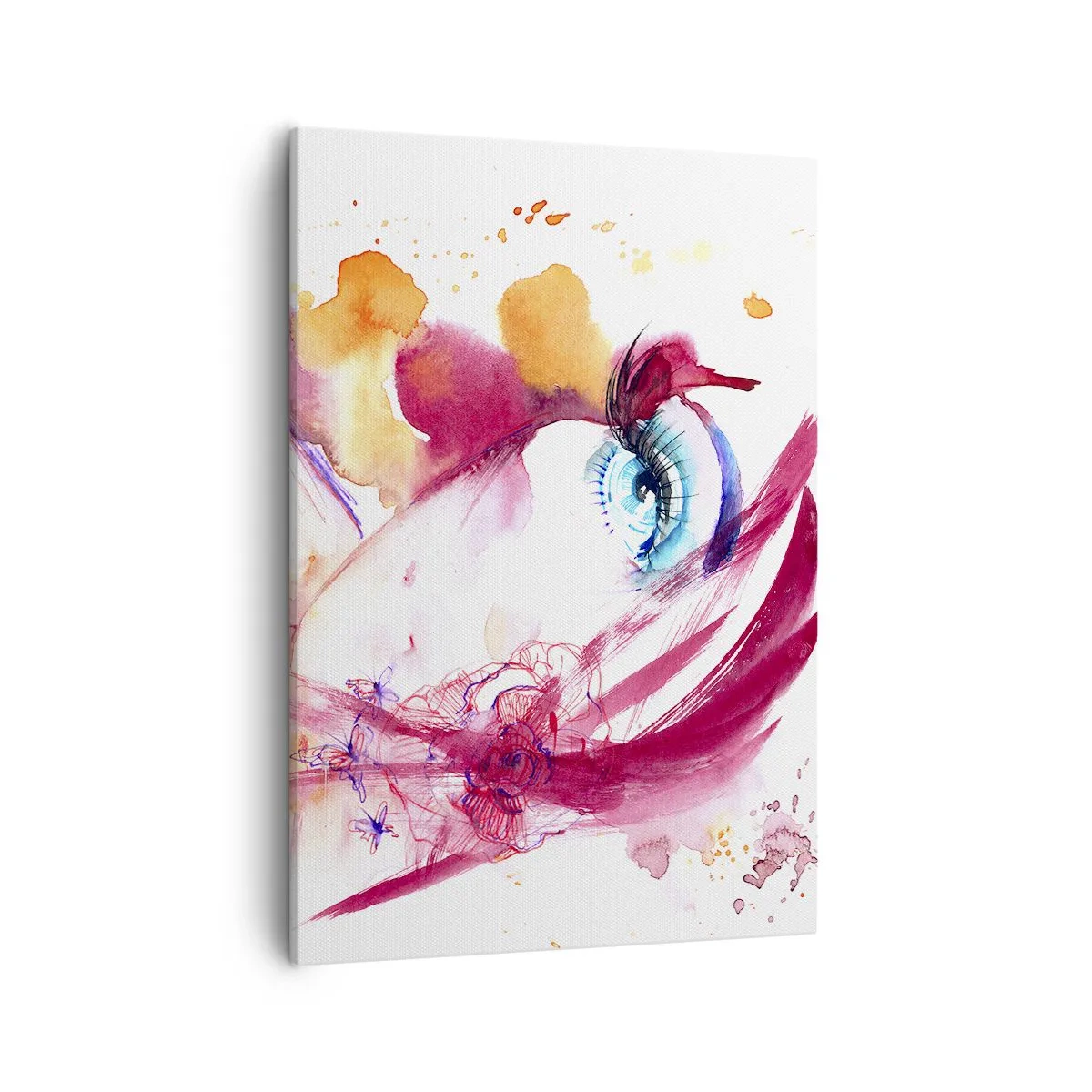 Impression sur toile - Image sur toile - Un visage abstrait avec des yeux expressifs et des accents rouges. - 50x70cm - Le monde prospère dans la proximité - Décoration murale moderne pour le salon et la chambre ARTTOR