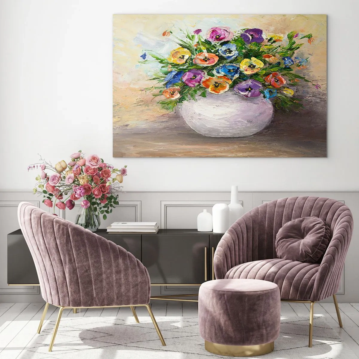 Impression sur verre - Image sur verre - Un bouquet de fleurs colorées dans un vase blanc - 120x80cm - Nature morte dans un vase blanc - Décoration murale moderne pour le salon et la chambre ARTTOR