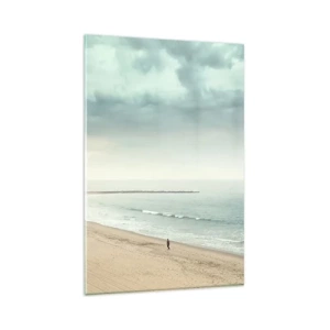 Impression sur verre - Image sur verre - Une silhouette solitaire sur une plage déserte au bord d'une mer calme - 80x120cm - à la recherche de la paix - Décoration murale moderne pour le salon et la chambre ARTTOR