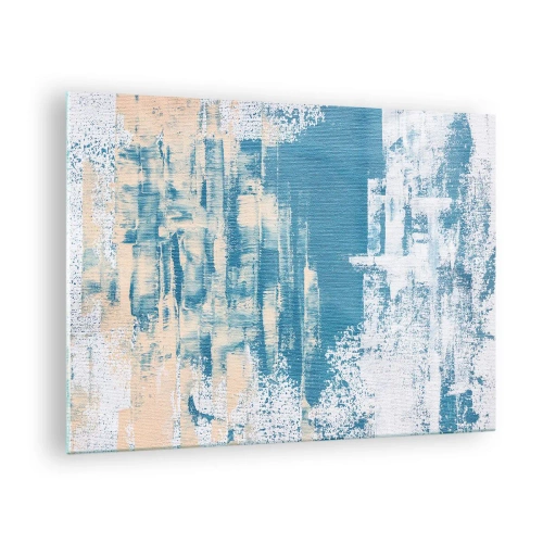 Impression sur verre - Image sur verre - Abstraction en bleu et beige avec texture de pinceau - 70x50cm - À travers un iceberg - Décoration murale moderne pour le salon et la chambre ARTTOR