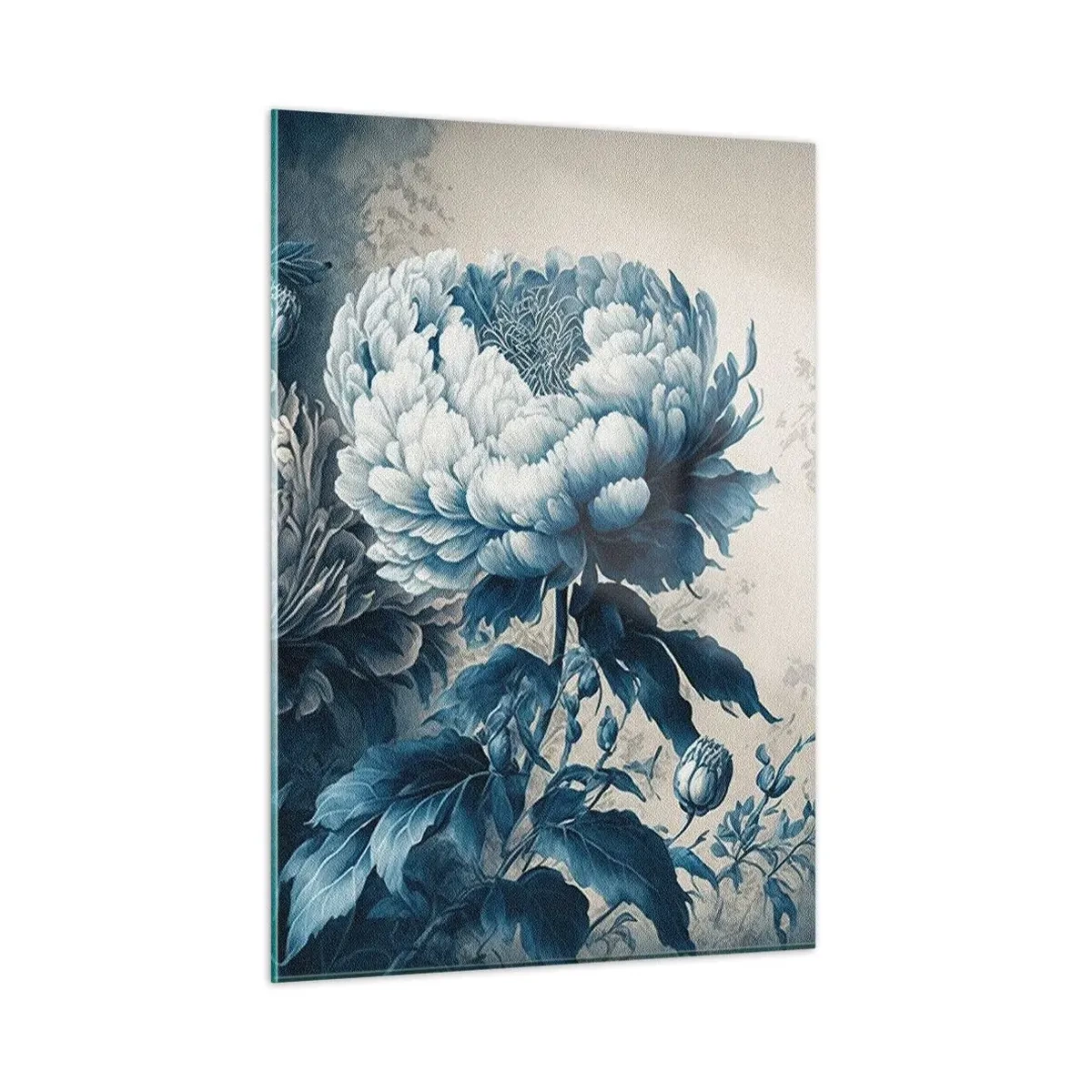 Impression sur verre - Image sur verre - Pivoines bicolores dans les tons bleu et beige sur fond vintage - 50x70cm - Paire assortie - Décoration murale moderne pour le salon et la chambre ARTTOR