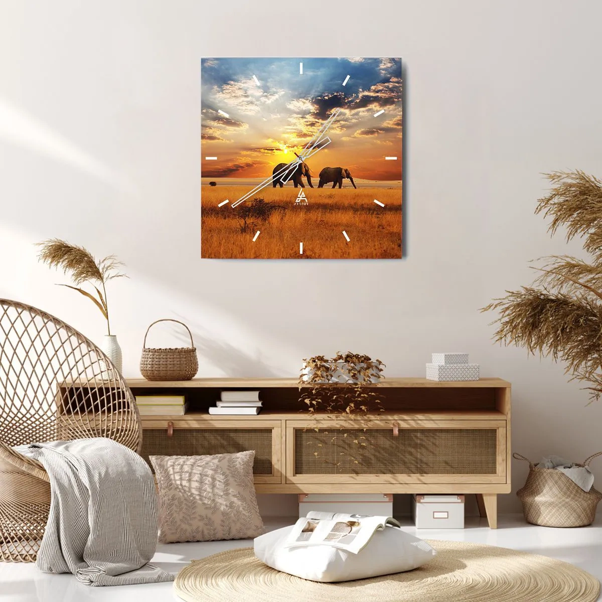 Horloge murale - Pendule murale - Éléphants dans la savane au coucher du soleil - 30x30cm - Déambulation familliale - Décoration murale moderne pour le salon et la chambre ARTTOR