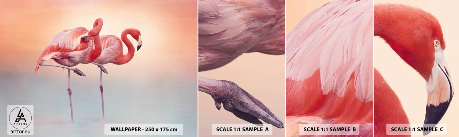 Échantillon de Papier Peint Autocollant Deluxe Sticker - Dans les couleurs du soleil couchant - Flamants roses, Des oiseaux, Nature - 100x30 cm