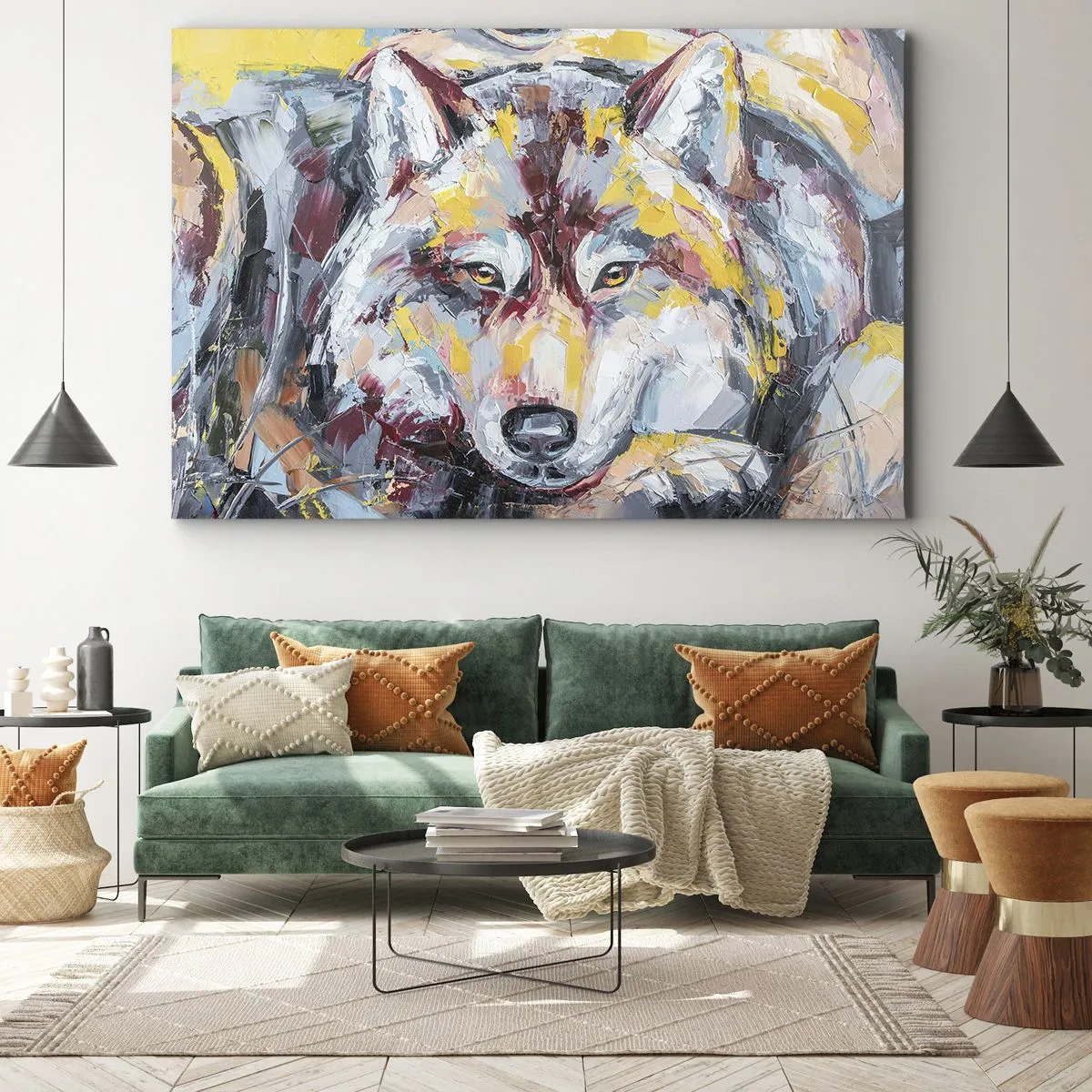 Impression sur toile - Image sur toile - Portrait artistique d'un loup aux couleurs intenses - 70x50cm - En paix au milieu des siens - Décoration murale moderne pour le salon et la chambre ARTTOR