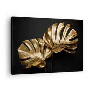 Impression sur toile - Image sur toile - Feuilles de monstera dorées sur fond noir - 70x50cm - Les trésors de la nature - Décoration murale moderne pour le salon et la chambre ARTTOR