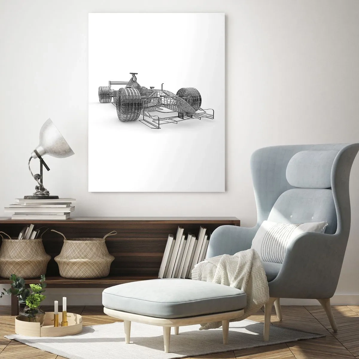 Impression sur verre - Image sur verre - Un croquis de conception d'une voiture de course sur un fond clair - 70x100cm - Design parfait - idée de course - Décoration murale moderne pour le salon et la chambre ARTTOR