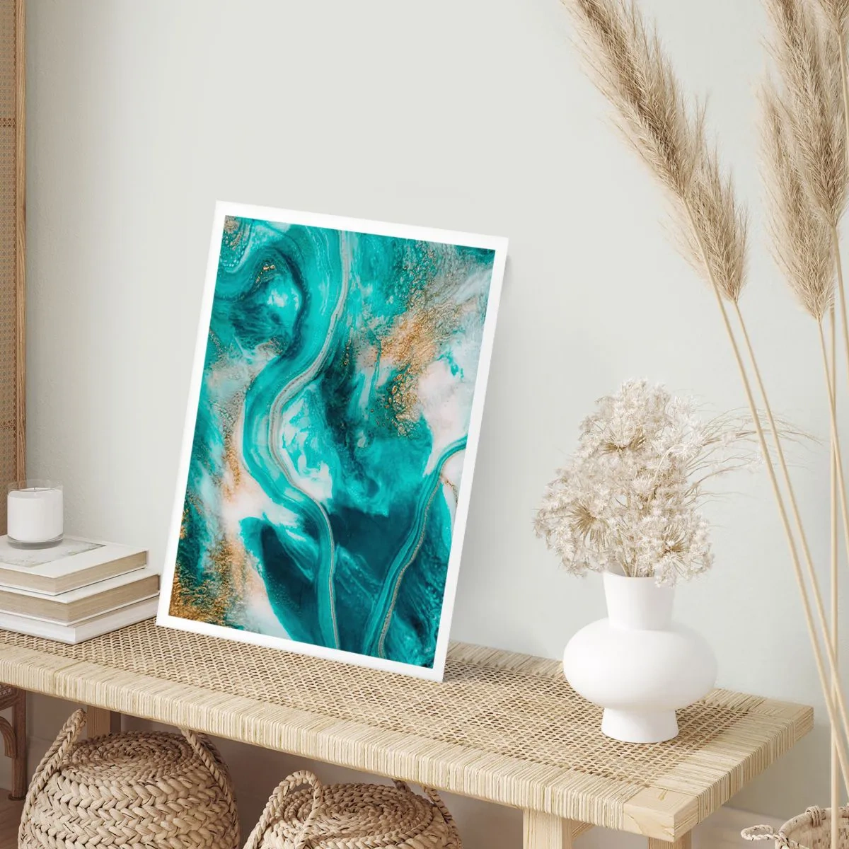 Affiche - Poster - Une composition abstraite dans des tons turquoise et or. - 50x70cm - Rivière d'or - Décoration murale moderne pour le salon et la chambre ARTTOR