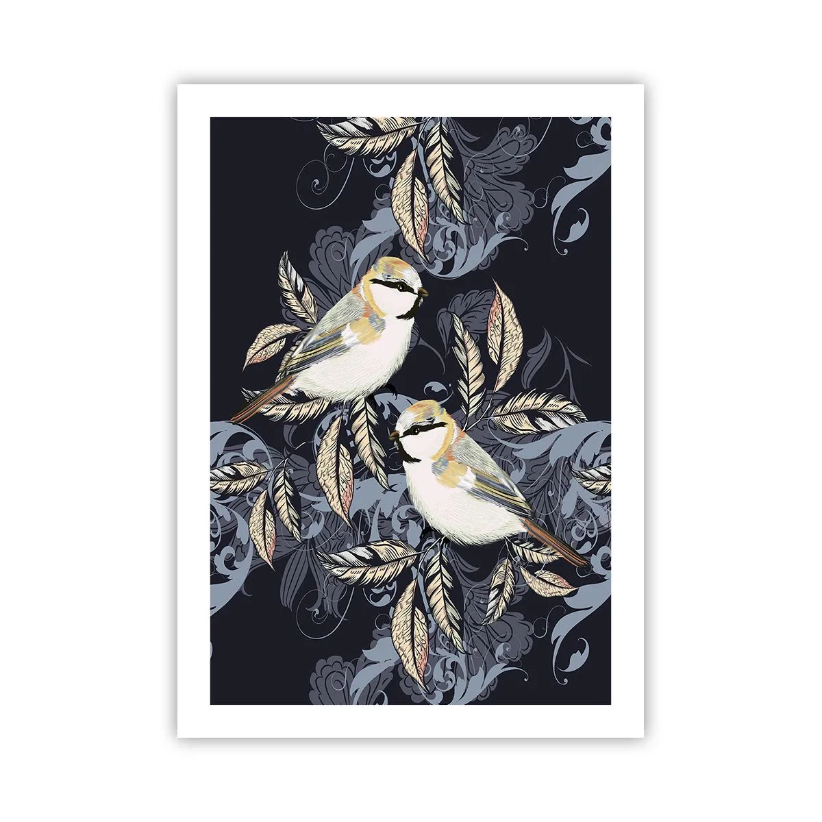 Affiche - Poster - Deux oiseaux sur un fond de feuilles décoratives et d'ornements - 50x70cm - Babillement jaune et bleu - Décoration murale moderne pour le salon et la chambre ARTTOR