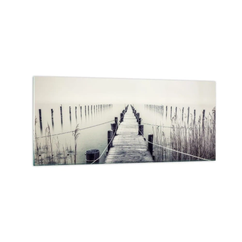 Impression sur verre - Image sur verre - Un pont en bois menant à un espace brumeux - 120x50cm - Plongez dans la paix - Décoration murale moderne pour le salon et la chambre ARTTOR
