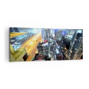 Impression sur toile - Image sur toile - Panorama de la ville nocturne avec des gratte-ciel illuminés - 120x50cm - Un miracle dans le désert - Décoration murale moderne pour le salon et la chambre ARTTOR