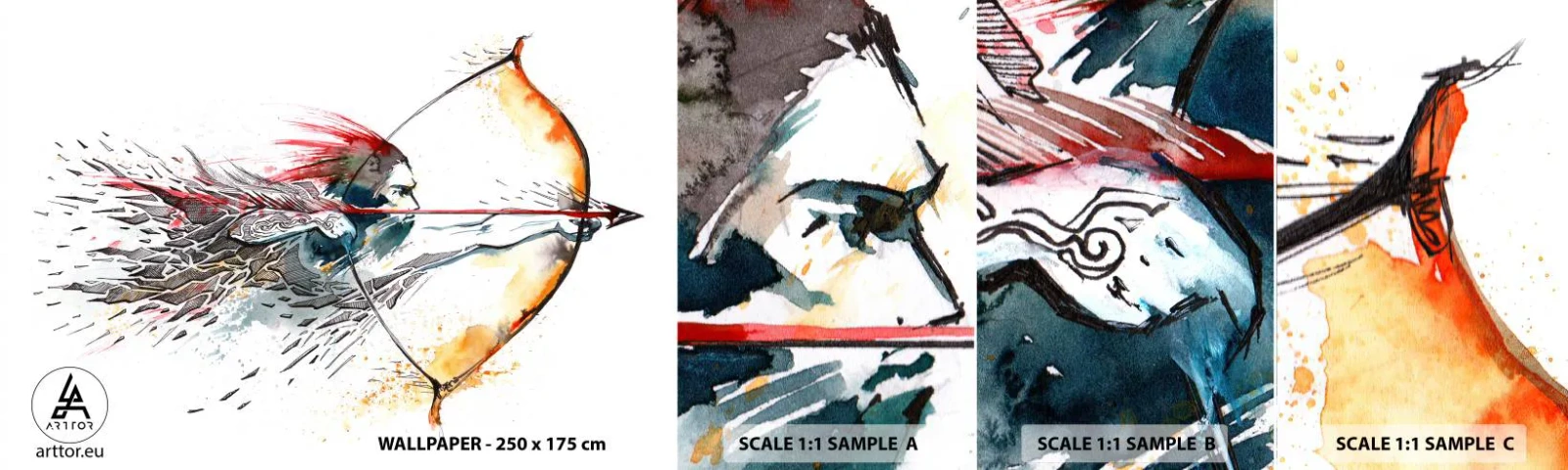 Échantillon De Papier Peint Standard Eco - Guerrier mythique avec un arc de feu - Abstraction, Tireur, Tir à l'arc - 100x30 cm