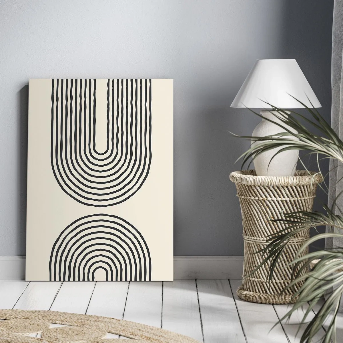 Impression sur toile - Image sur toile - Motif géométrique abstrait avec des lignes symétriques sur un fond clair - 50x70cm - Dans un instant... - Décoration murale moderne pour le salon et la chambre ARTTOR