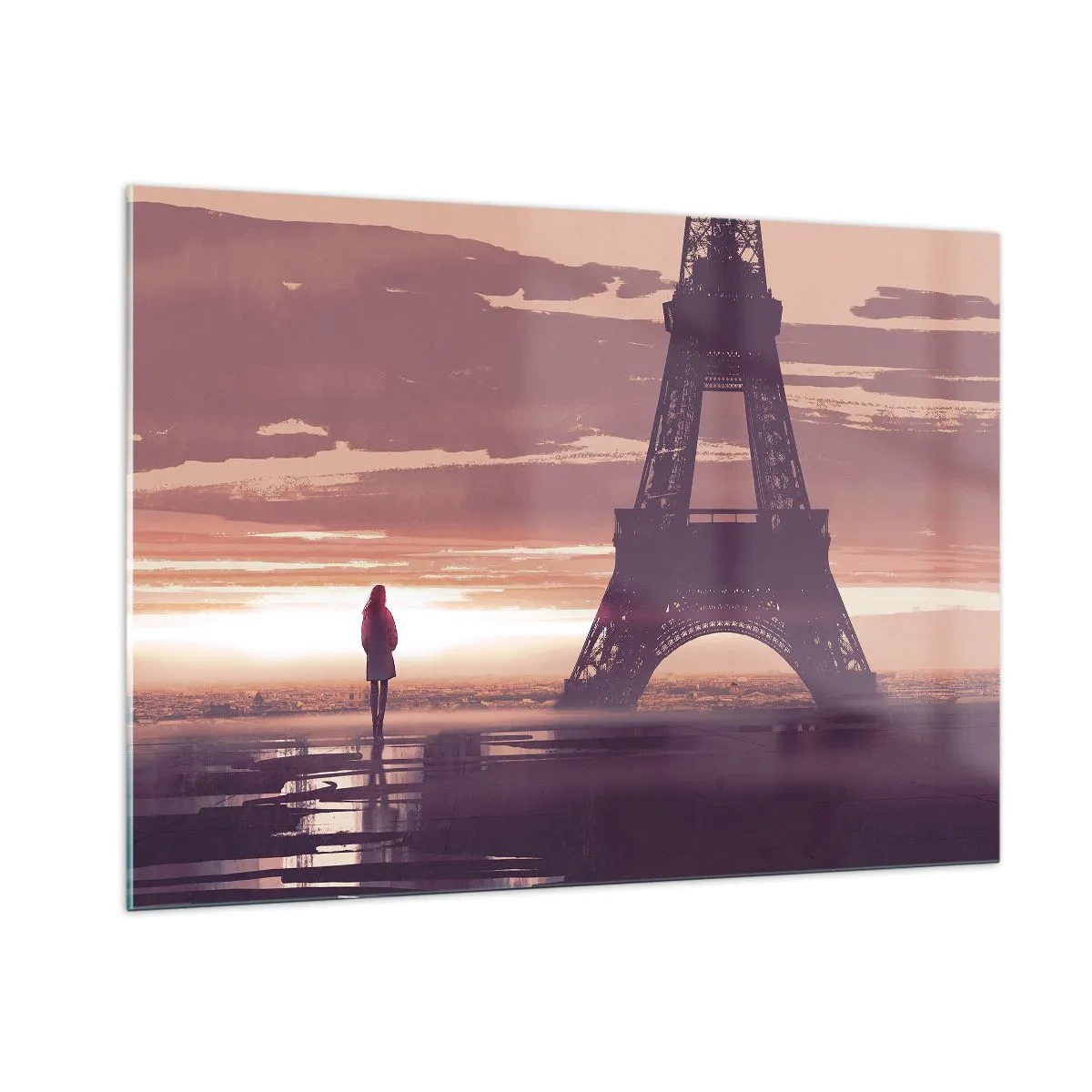Impression sur verre - Image sur verre - La Tour Eiffel au coucher du soleil avec la silhouette d'une personne - 100x70cm - Seulement deux d'entre eux - Décoration murale moderne pour le salon et la chambre ARTTOR