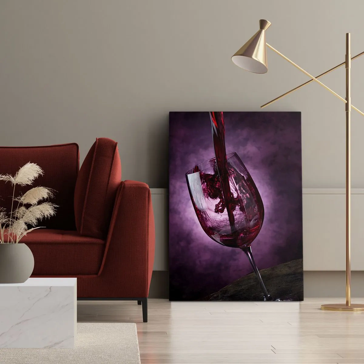Impression sur toile - Image sur toile - Du vin rouge versé dans un verre sur fond de fumée violette - 50x70cm - Écarlate? Carmin? Non, rubis. - Décoration murale moderne pour le salon et la chambre ARTTOR