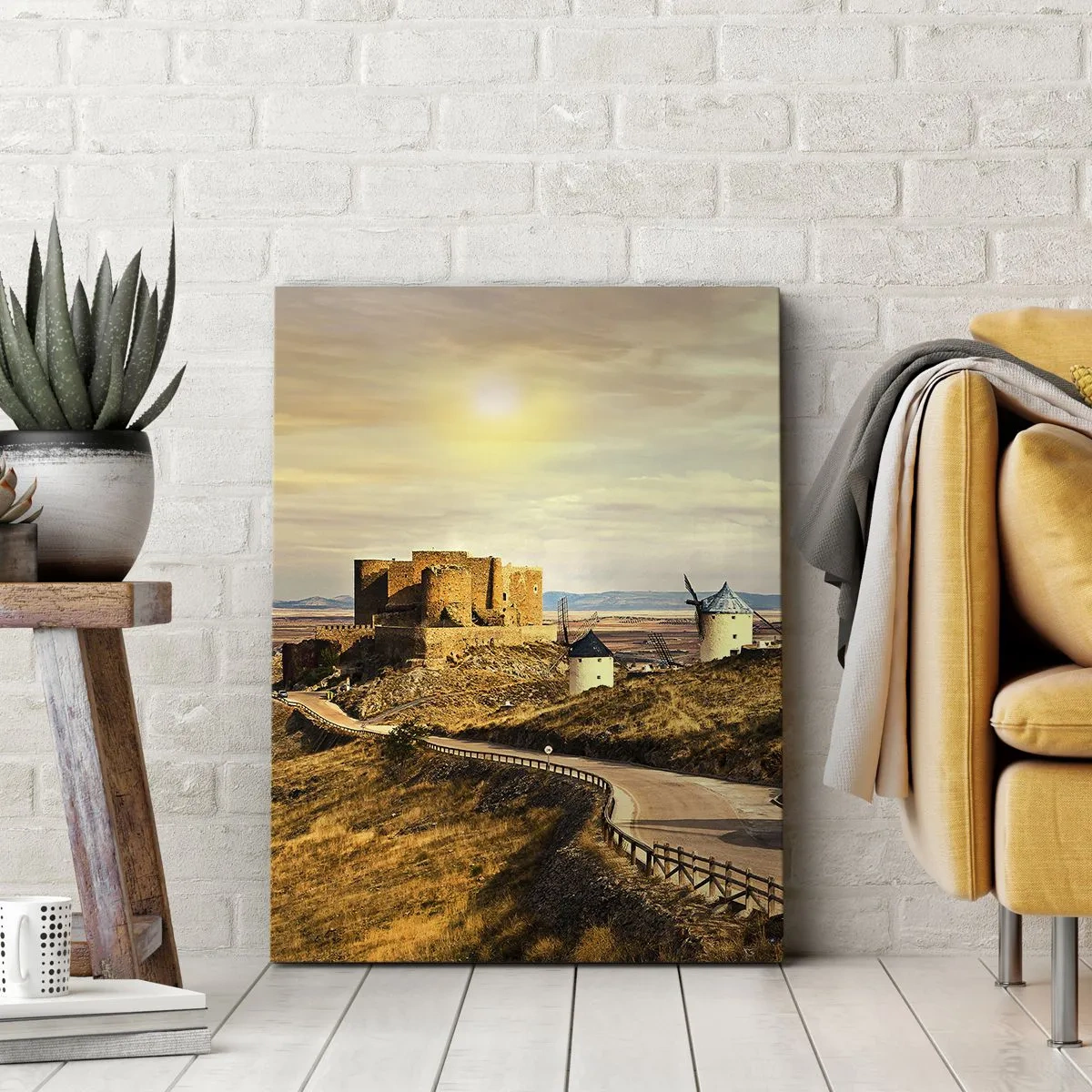 Impression sur toile - Image sur toile - Moulins à vent sur les collines avec un château historique en arrière-plan - 70x100cm - Don Quichotte est sur le point d'arriver - Décoration murale moderne pour le salon et la chambre ARTTOR