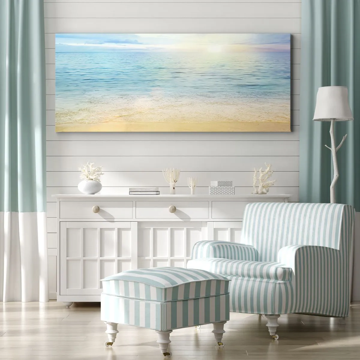 Impression sur toile - Image sur toile - Une plage avec une mer turquoise et un ciel clair - 120x50cm - Le grand bleu - Décoration murale moderne pour le salon et la chambre ARTTOR