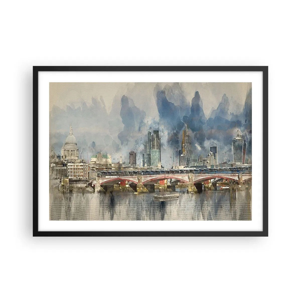 Affiche dans un cadre noir - Poster - Vue à l'aquarelle du pont et des toits de la ville - 70x50cm - Londres dans toute sa splendeur - Décoration murale moderne pour le salon et la chambre ARTTOR