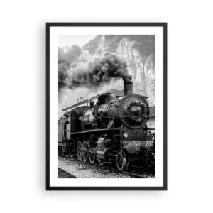 Affiche dans un cadre noir - Poster - Une locomotive à vapeur avec de la vapeur montante dans un décor montagneux - 50x70cm - Attend à la gare... - Décoration murale moderne pour le salon et la chambre ARTTOR