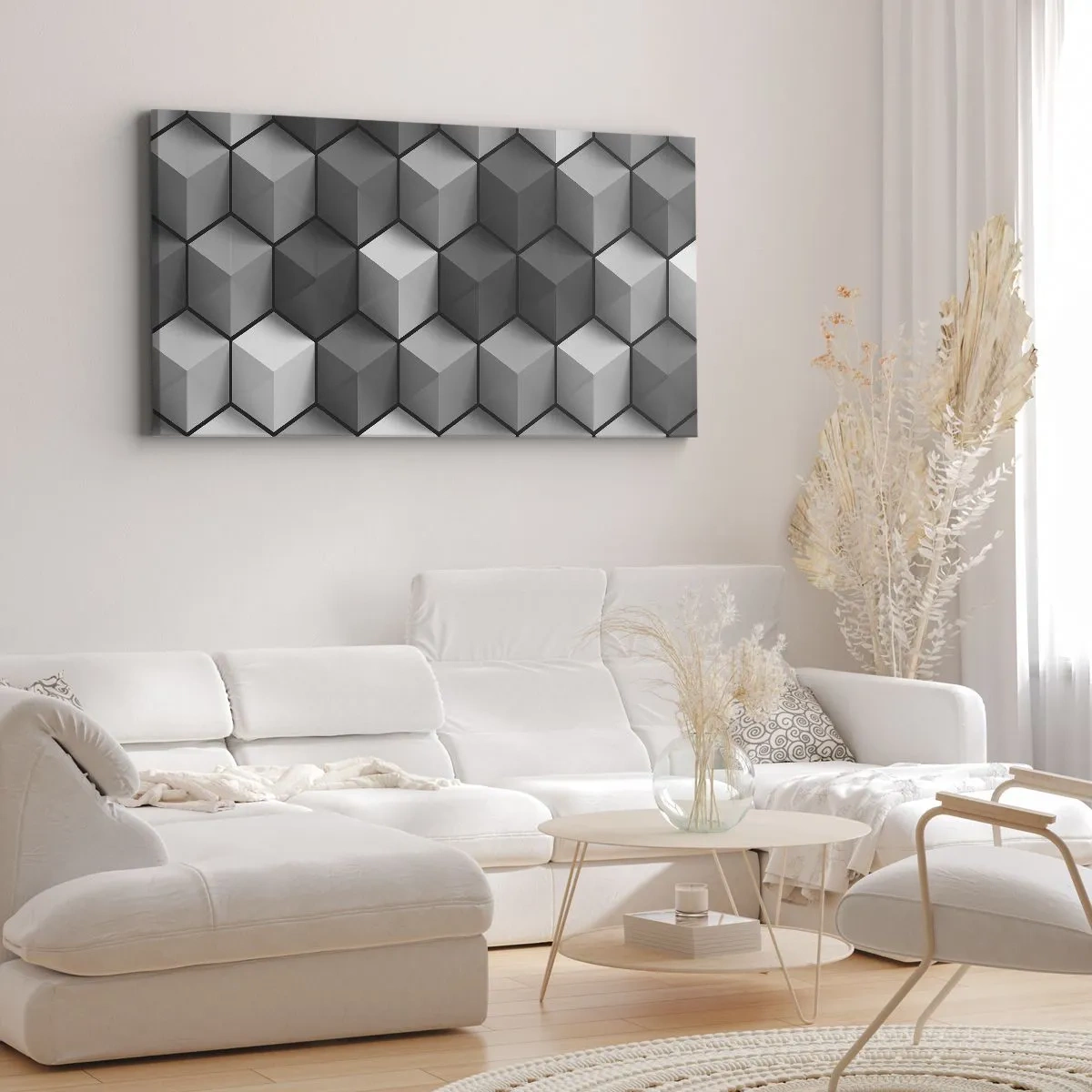 Impression sur toile - Image sur toile - Composition géométrique de cubes dans les tons de gris et de noir - 140x50cm - Puzzle cubiste - Décoration murale moderne pour le salon et la chambre ARTTOR