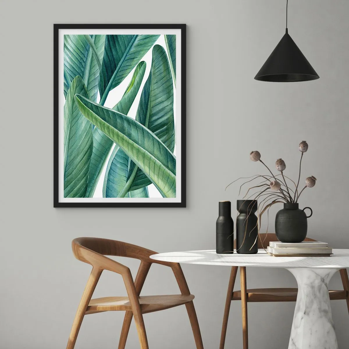 Affiche dans un cadre noir - Poster - Feuilles de bananier vertes à l'aquarelle - 50x70cm - La nature face à elle-même - Décoration murale moderne pour le salon et la chambre ARTTOR