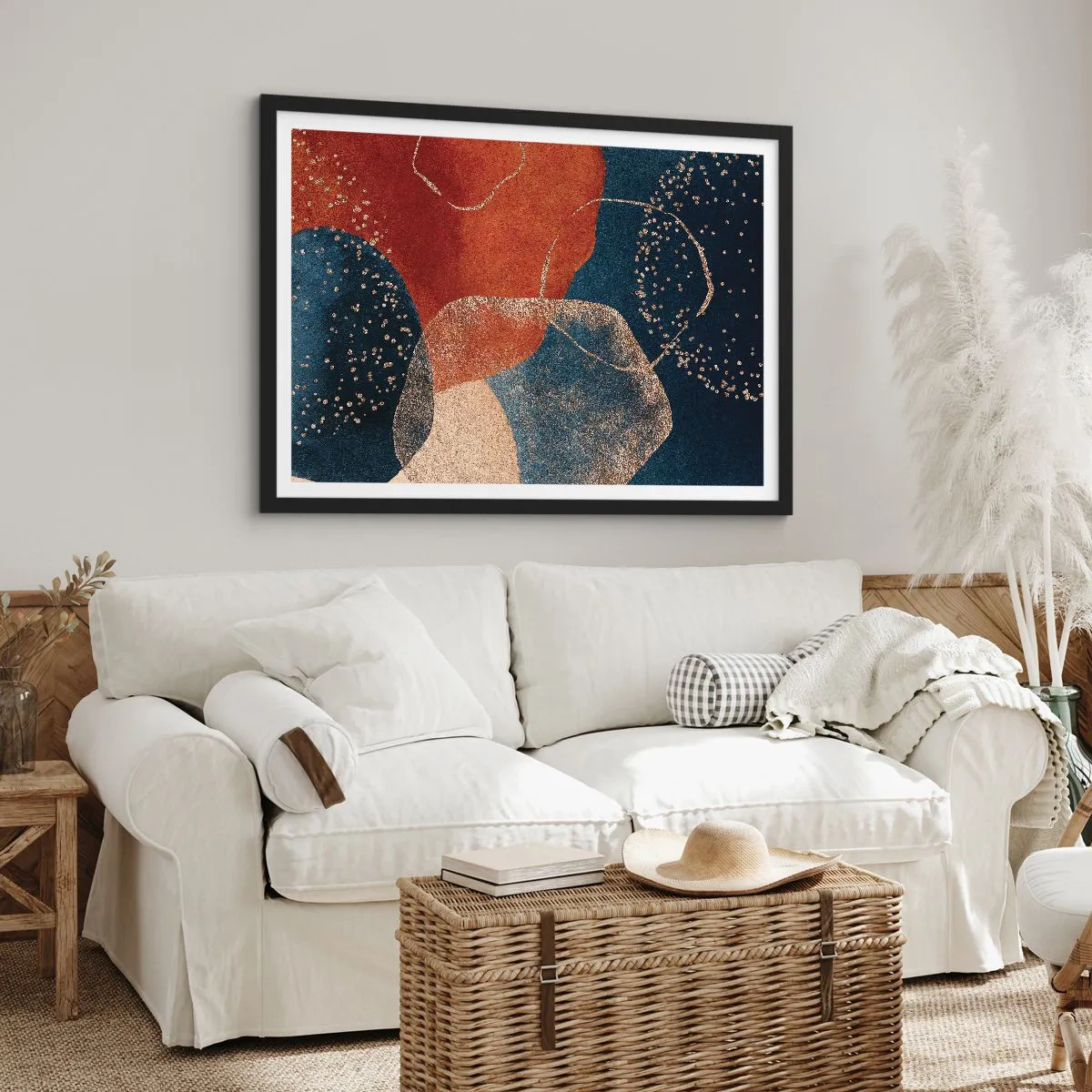 Affiche dans un cadre noir - Poster - Formes abstraites dans des tons de rouge et de bleu - 70x50cm - La légèreté de l'être - Décoration murale moderne pour le salon et la chambre ARTTOR