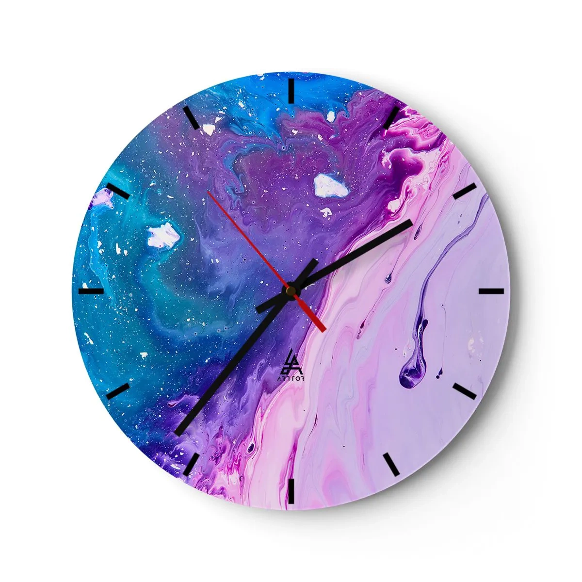 Horloge murale - Pendule murale - Couleurs abstraites dans les tons de violet et de bleu - 30x30cm - Yin et yang - Décoration murale moderne pour le salon, la cuisine et la chambre ARTTOR