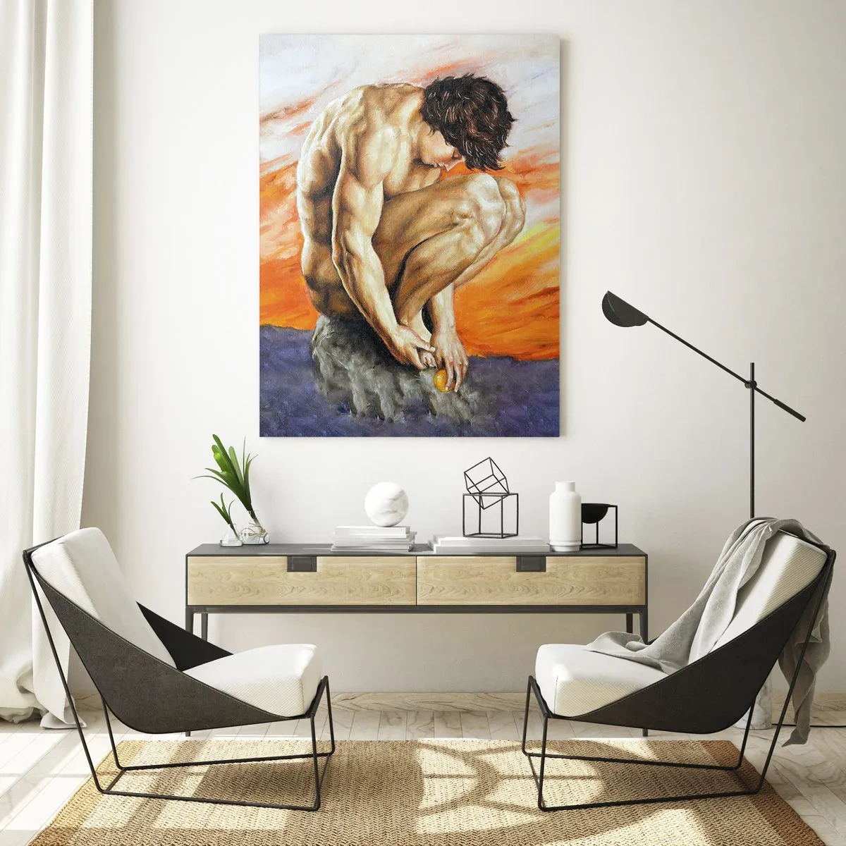 Impression sur verre - Image sur verre - Un corps humain nu contre un ciel orange intense. - 50x70cm - Plongé dans ses pensées - Décoration murale moderne pour le salon et la chambre ARTTOR