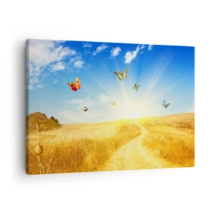 Impression sur toile - Image sur toile - Un champ doré, un chemin et des papillons contre un ciel bleu - 70x50cm - Et comment ne pas aimer l'été ? - Décoration murale moderne pour le salon et la chambre ARTTOR