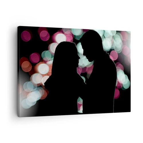 Impression sur toile - Image sur toile - Silhouettes d'un couple sur fond de lumières bokeh colorées - 70x50cm - Oui! - Décoration murale moderne pour le salon et la chambre ARTTOR