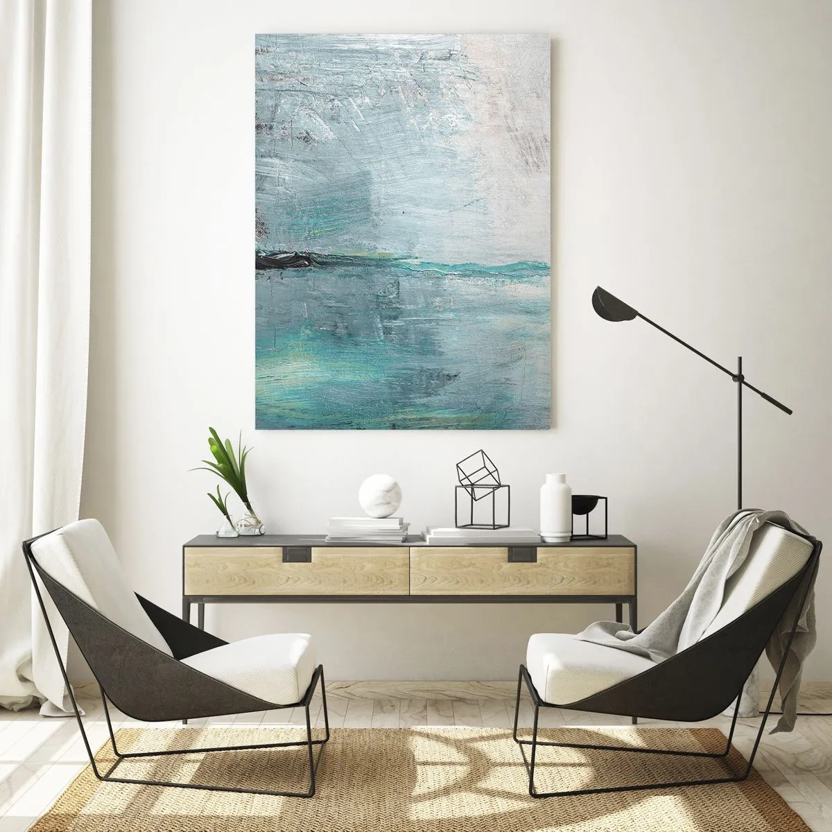 Impression sur verre - Image sur verre - Abstraction dans les tons turquoise et gris - 70x100cm - Horizontalement en bleu - Décoration murale moderne pour le salon et la chambre ARTTOR