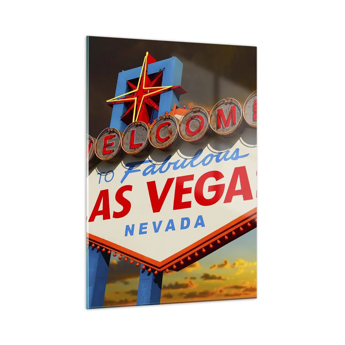 Impression sur verre - Image sur verre - Panneau de bienvenue à Las Vegas contre le soleil couchant - 50x70cm - Après un sourire du destin - Décoration murale moderne pour le salon et la chambre ARTTOR