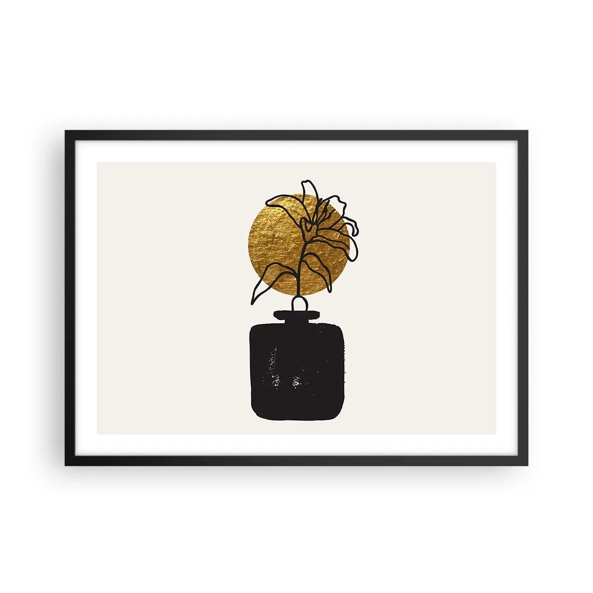 Affiche dans un cadre noir - Poster - Un dessin d'une fleur dans un vase sur un fond de cercle doré - 70x50cm - La beauté vaut son pesant d'or - Décoration murale moderne pour le salon et la chambre ARTTOR