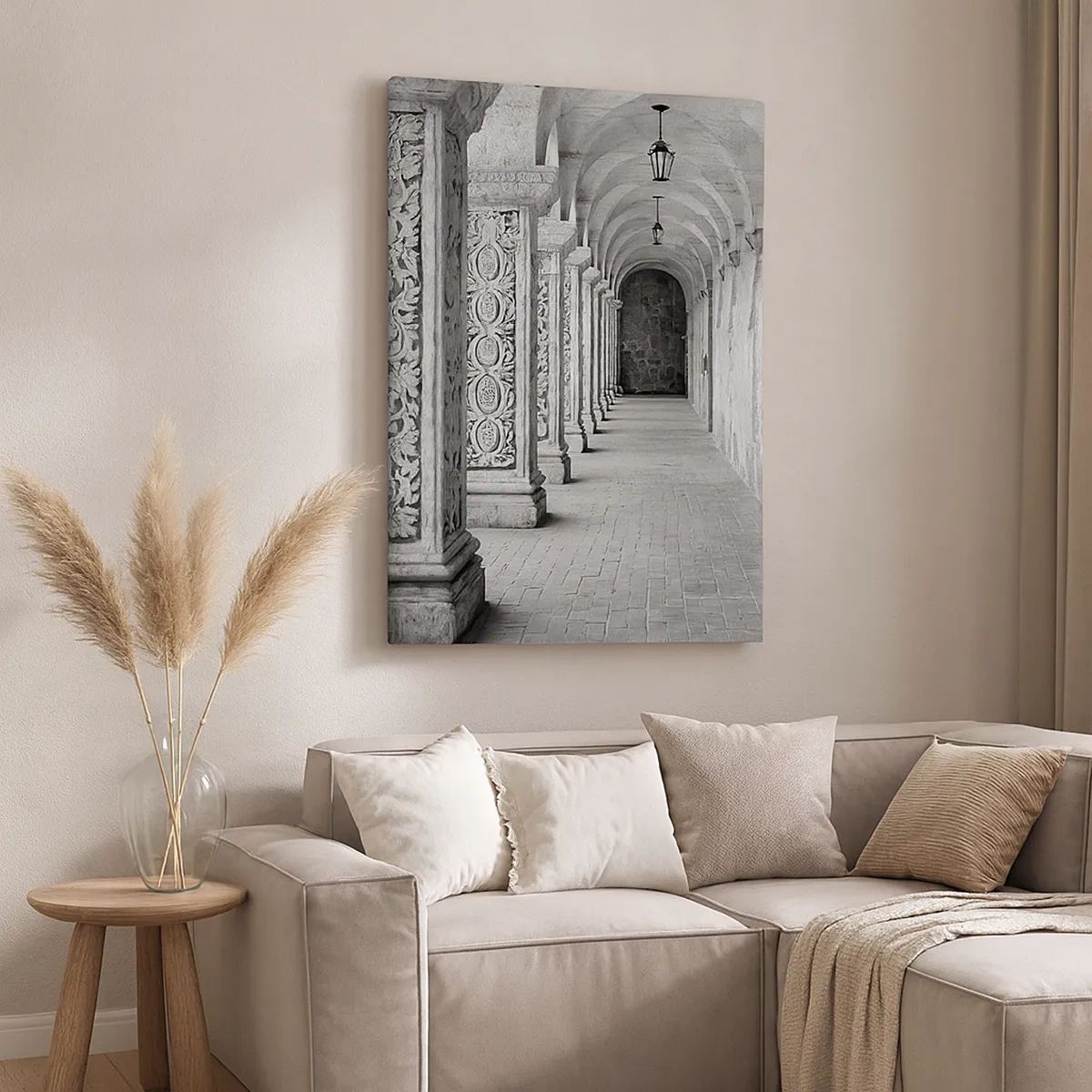 Impression sur toile - Image sur toile - Colonnes historiques dans une prise de vue monochrome - 50x70cm - Où cela mène-t-il…? - Décoration murale moderne pour le salon et la chambre ARTTOR