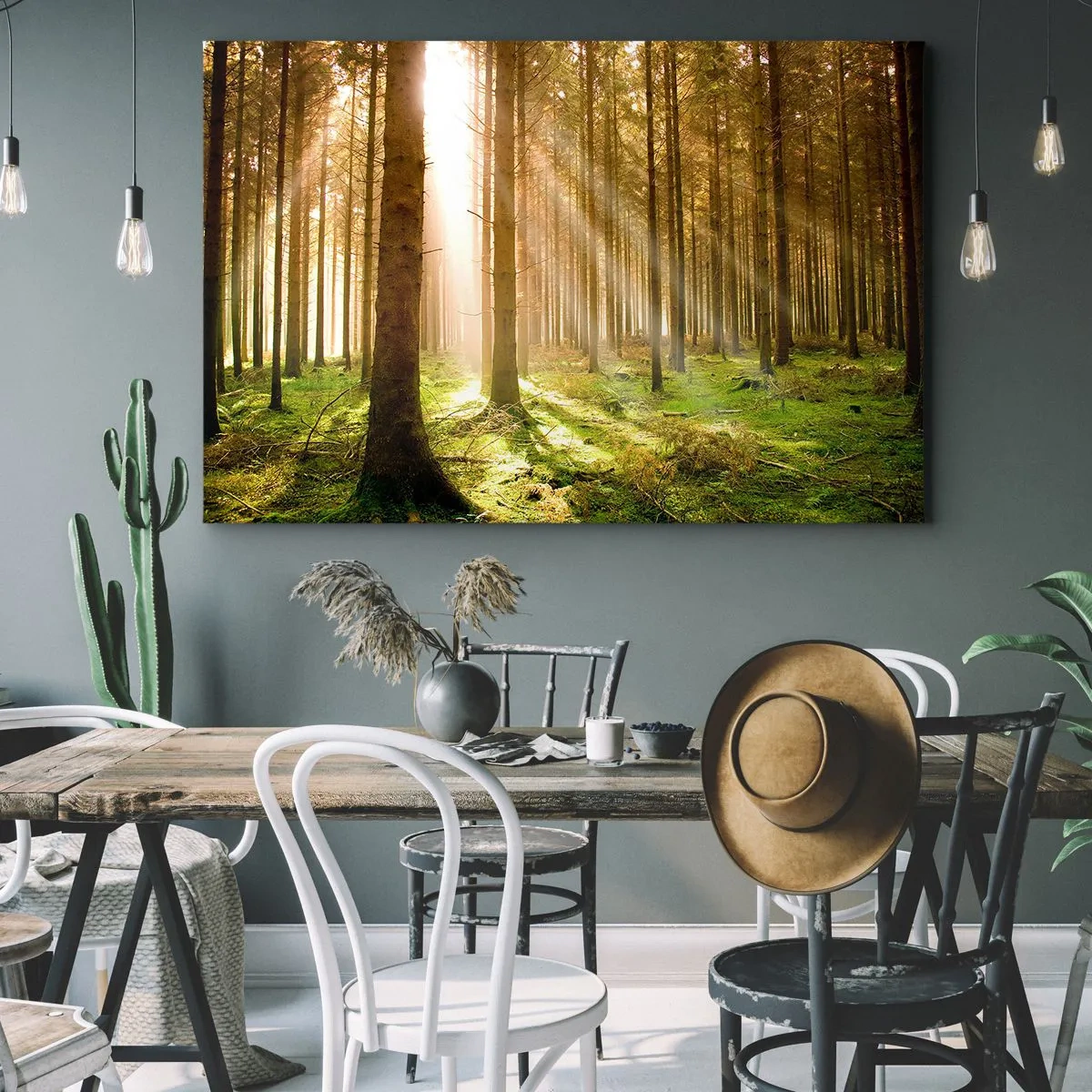 Impression sur toile - Image sur toile - Forêt de conifères avec les rayons du soleil qui brillent à travers les arbres - 120x80cm - Les elfes vont bientôt apparaître - Décoration murale moderne pour le salon et la chambre ARTTOR