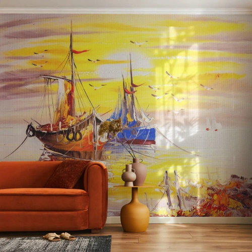 Papier Peint Photo Premium Canvas - Un repos bien mérité au port - Bateau de pêche, Pêche, Des oiseaux - 250x175 cm