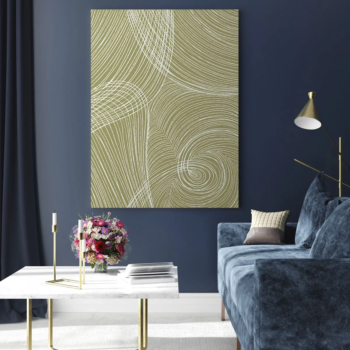 Impression sur verre - Image sur verre - Les lignes blanches forment une structure complexe sur un fond vert olive. - 50x70cm - Abstraction complexe de blanc - Décoration murale moderne pour le salon et la chambre ARTTOR