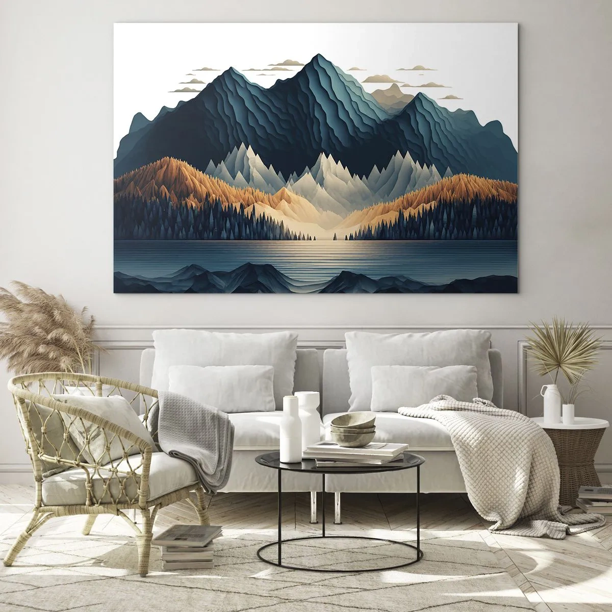 Impression sur verre - Image sur verre - Paysage de montagne stylisé avec une forêt et un lac - 100x70cm - Paysage de montagne parfait - Décoration murale moderne pour le salon et la chambre ARTTOR