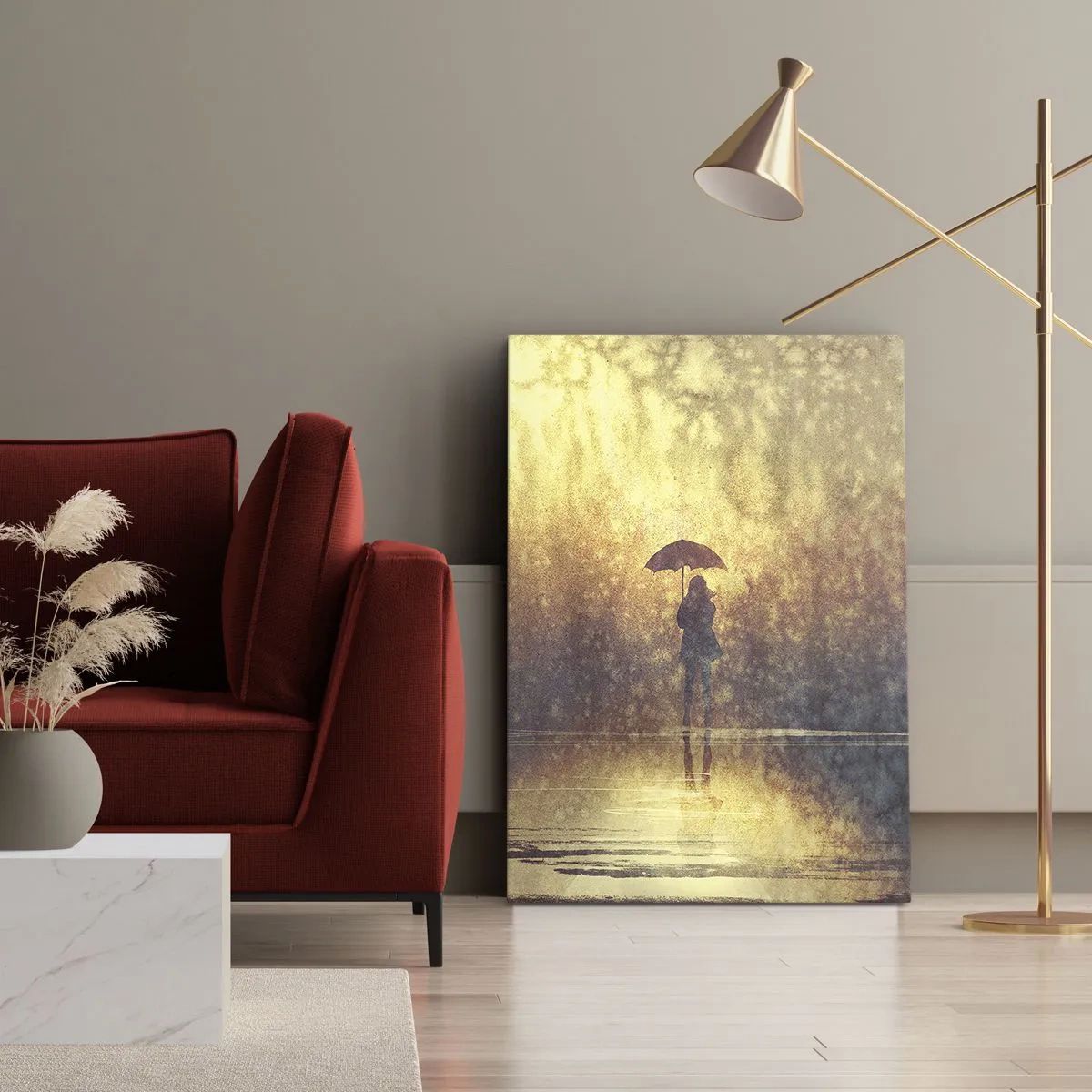 Impression sur toile - Image sur toile - Une silhouette avec un parapluie dans un paysage brumeux plein de reflets - 50x70cm - Je sens que quelqu'un me regarde - Décoration murale moderne pour le salon et la chambre ARTTOR