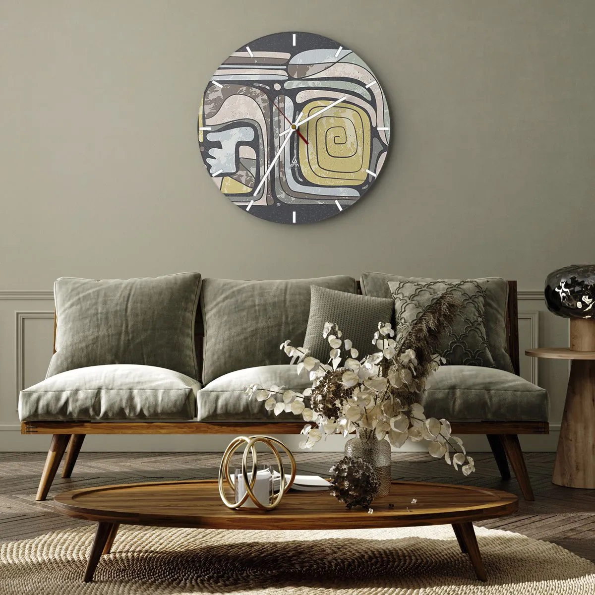 Horloge murale - Pendule murale - Formes abstraites avec un motif en spirale dans un style ethnique - 30x30cm - L'abstraction dans l'esprit précolombien - Décoration murale moderne pour le salon, la cuisine et la chambre ARTTOR