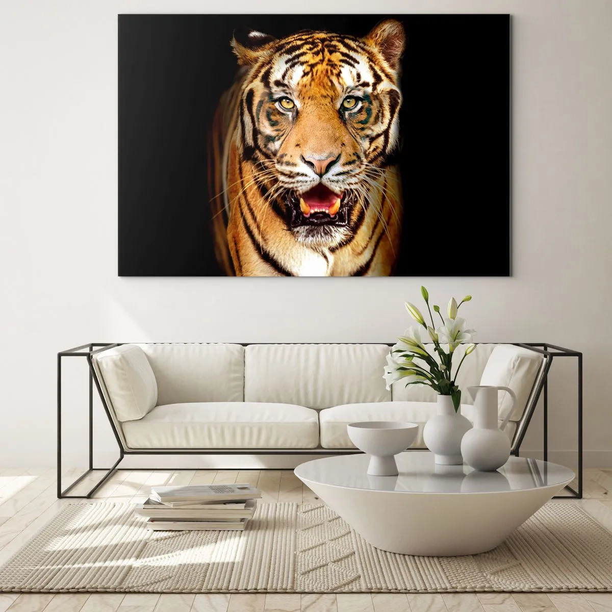Impression sur verre - Image sur verre - Un tigre sur fond sombre avec un regard intense - 100x70cm - Le coeur sauvageon - Décoration murale moderne pour le salon et la chambre ARTTOR