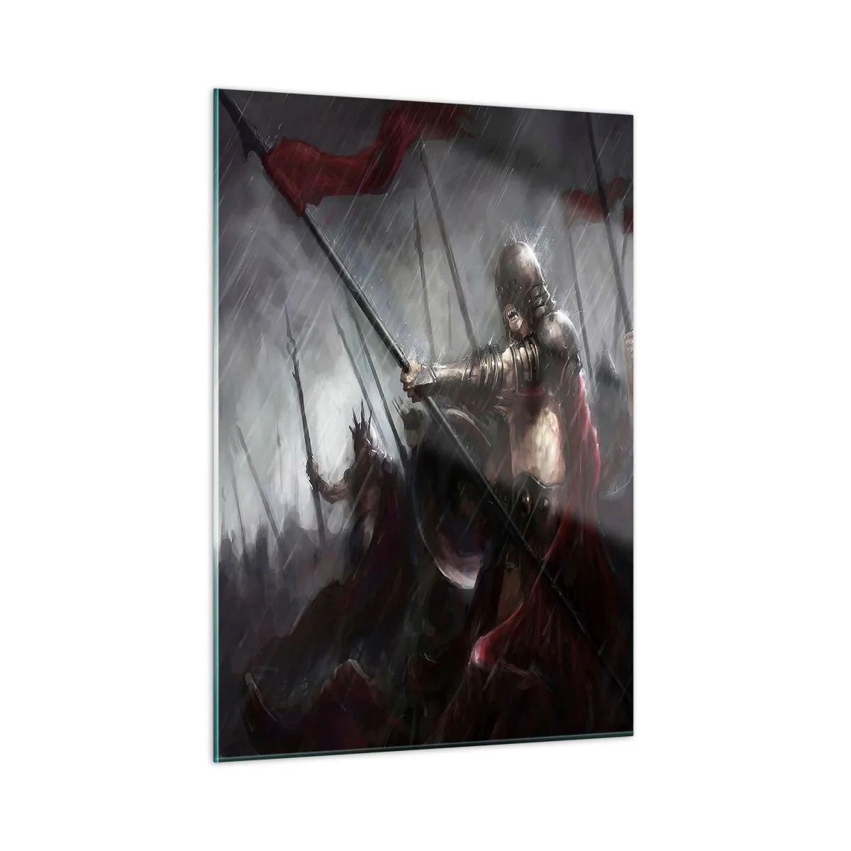 Impression sur verre - Image sur verre - Chevaliers sous la pluie sur le champ de bataille en tenue complète - 50x70cm - Passant, dis à Sparte… - Décoration murale moderne pour le salon et la chambre ARTTOR