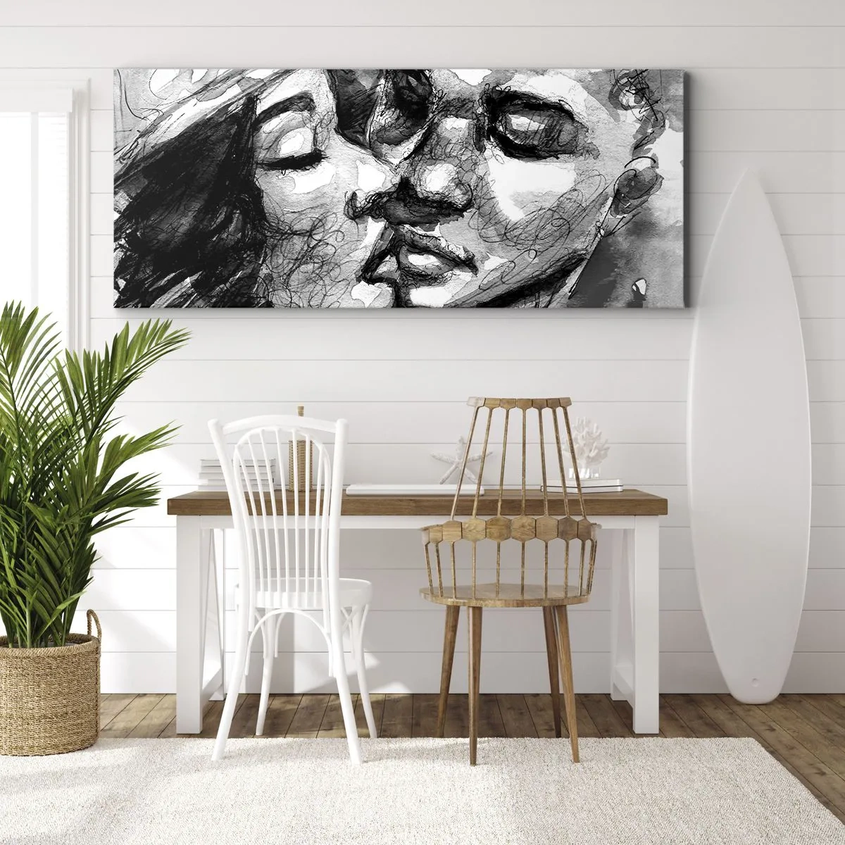 Impression sur toile - Image sur toile - Une aquarelle en noir et blanc représentant un moment intime entre deux personnes. - 120x50cm - Un moment tendre - Décoration murale moderne pour le salon et la chambre ARTTOR